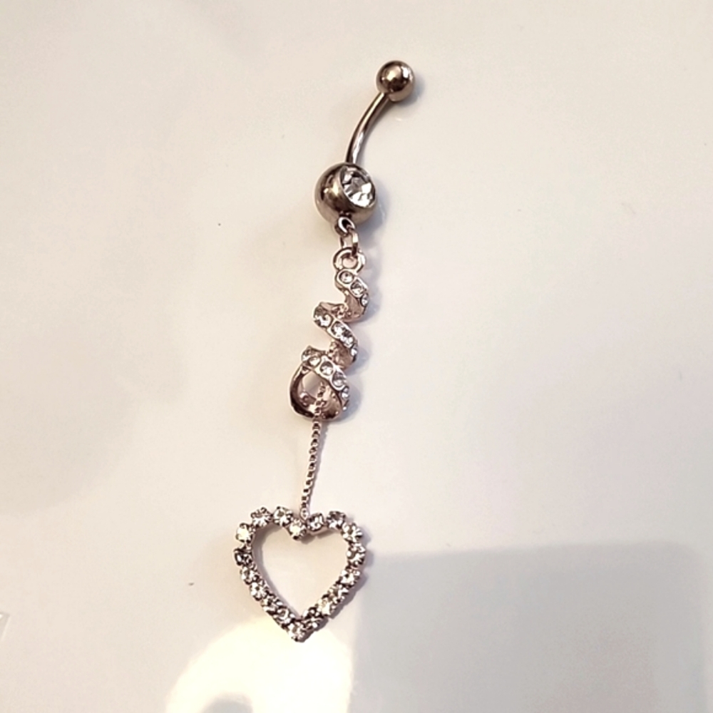 14 G SURGICAL STEEL DANGLE  Heart  BELLY BUTTON Simulated Diamond